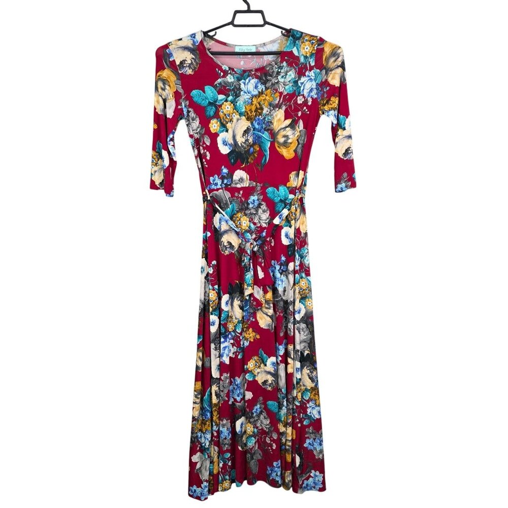 Womens Filly Flair Red Floral Maxi Dress Tie Waist 3/4 Sleeve Polyester Size L